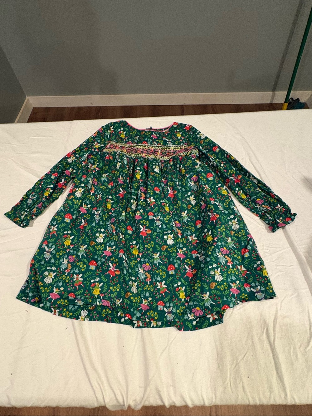 Mini Boden Girls' Green Floral Long-Sleeve Dress with Smocked Yoke